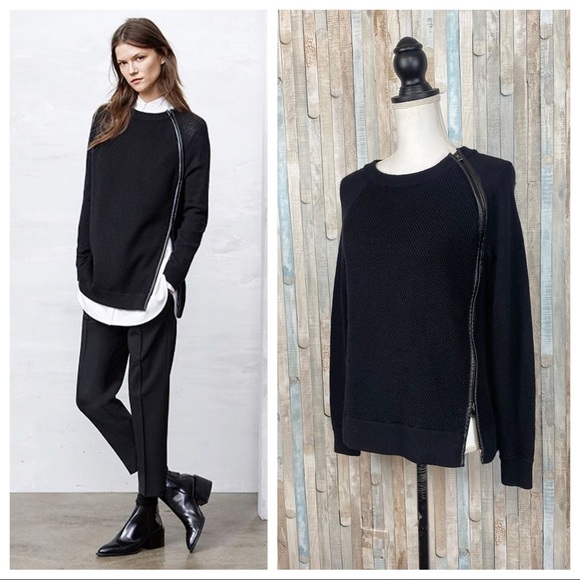 Vince Sweaters - Vince S Black Leather Trim Zipper Textured 100% Wool Knit Sweater Pullover